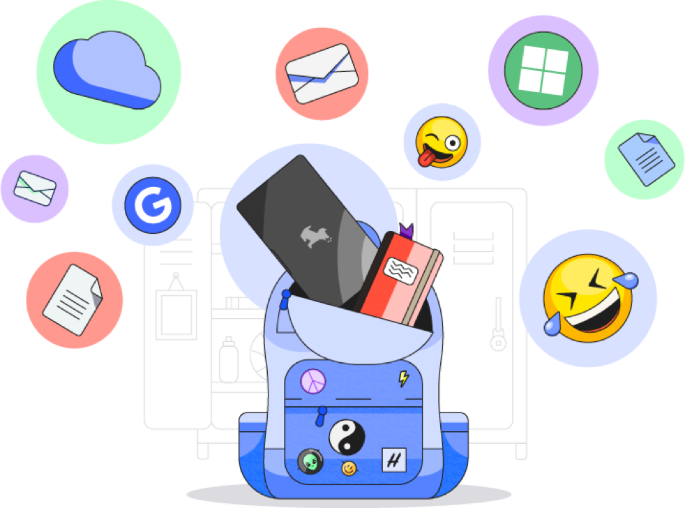Illustration of a backpack containing an electronic device surrounded by web related content